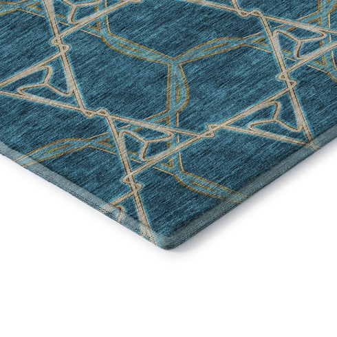8' X 10' Teal Beige And Copper Geometric Washable Area Rug With UV Protection