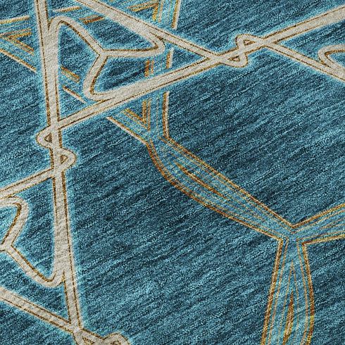 8' X 10' Teal Beige And Copper Geometric Washable Area Rug With UV Protection