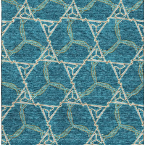 8' X 10' Teal Beige And Copper Geometric Washable Area Rug With UV Protection
