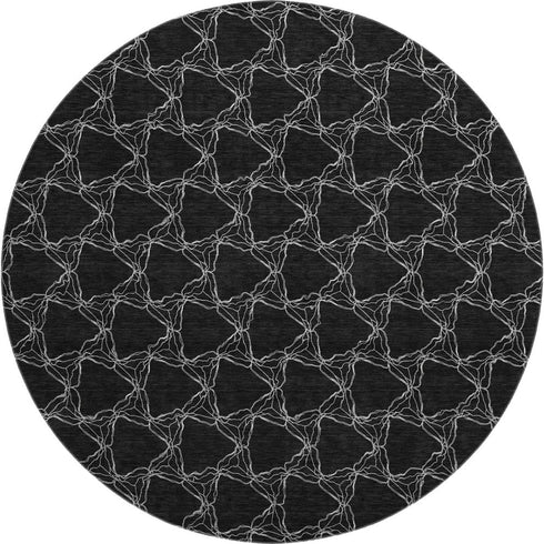 8' Black And Ivory Geometric Washable Round Rug With UV Protection
