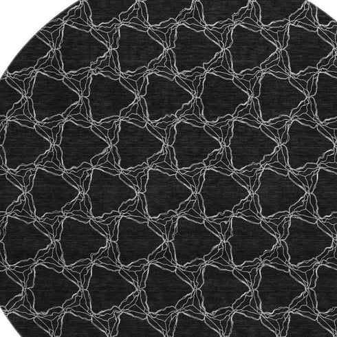 8' Black And Ivory Geometric Washable Round Rug With UV Protection