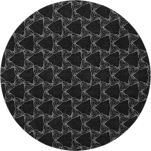 8' Black And Ivory Geometric Washable Round Rug With UV Protection