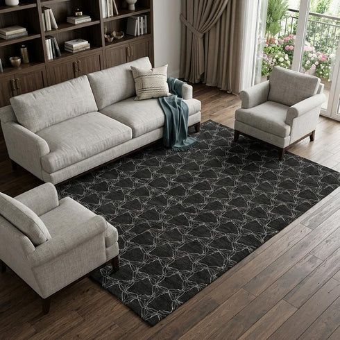 9' X 12' Black And Ivory Geometric Washable Area Rug With UV Protection