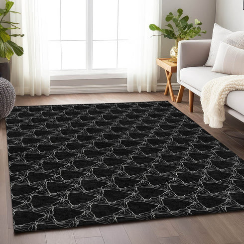 9' X 12' Black And Ivory Geometric Washable Area Rug With UV Protection