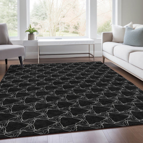 9' X 12' Black And Ivory Geometric Washable Area Rug With UV Protection