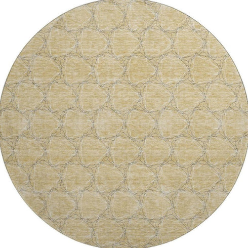8' Wheat Ivory And Gray Geometric Washable Round Rug With UV Protection