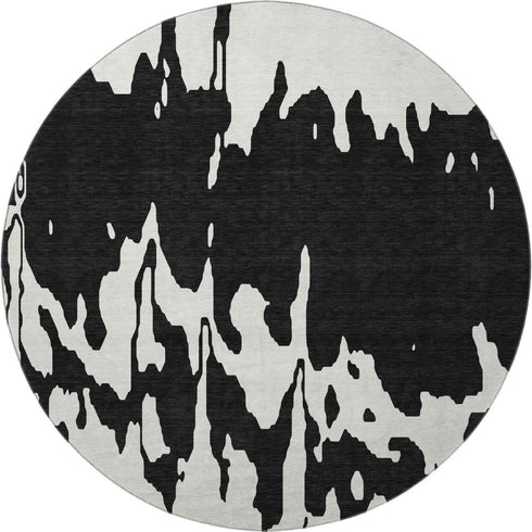 8' Black And Ivory Abstract Washable Round Rug With UV Protection