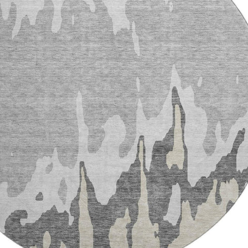 8' Gray And Silver Abstract Washable Round Rug With UV Protection
