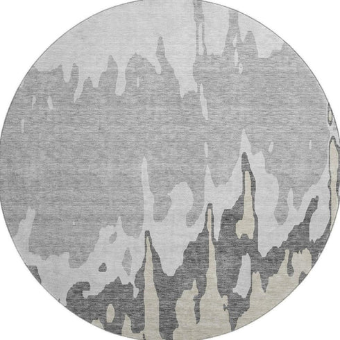 8' Gray And Silver Abstract Washable Round Rug With UV Protection