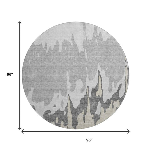 8' Gray And Silver Abstract Washable Round Rug With UV Protection