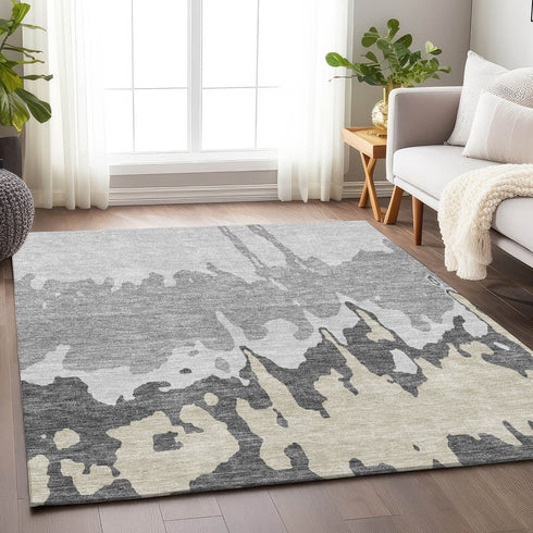 8' X 10' Gray And Silver Abstract Washable Area Rug With UV Protection