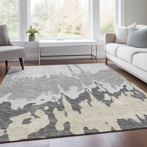 8' X 10' Gray And Silver Abstract Washable Area Rug With UV Protection