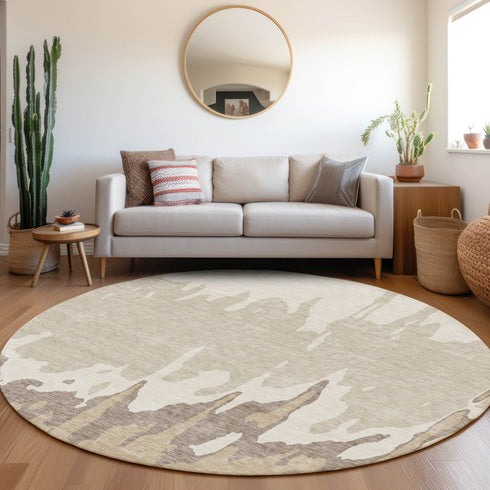 8' Ivory Beige And Khaki Abstract Washable Round Rug With UV Protection