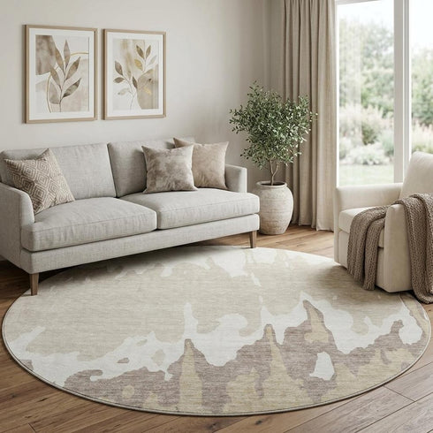 8' Ivory Beige And Khaki Abstract Washable Round Rug With UV Protection