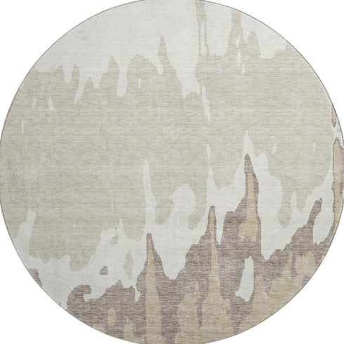 8' Ivory Beige And Khaki Abstract Washable Round Rug With UV Protection