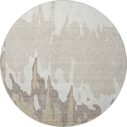 8' Ivory Beige And Khaki Abstract Washable Round Rug With UV Protection