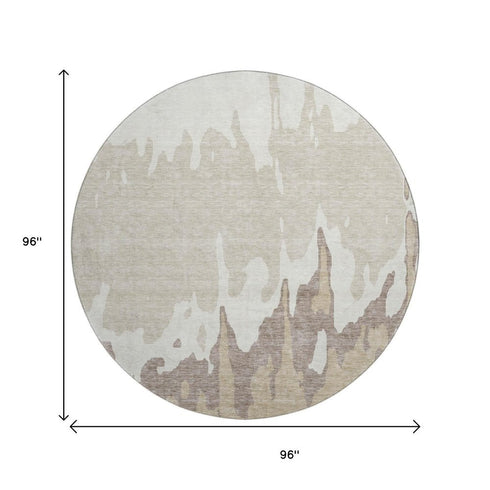8' Ivory Beige And Khaki Abstract Washable Round Rug With UV Protection
