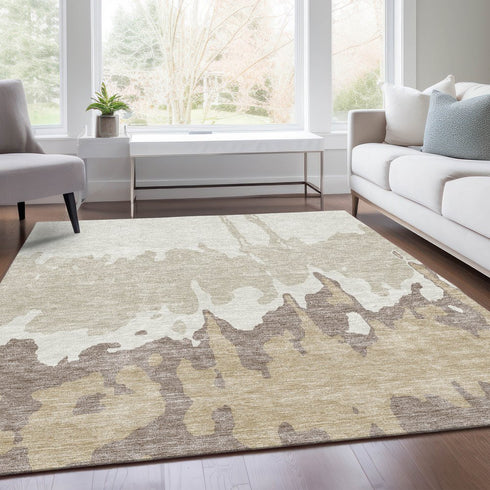 9' X 12' Ivory Beige And Khaki Abstract Washable Area Rug With UV Protection