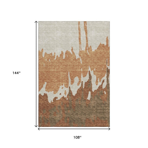 9' X 12' Rust Beige And Brown Abstract Washable Area Rug With UV Protection