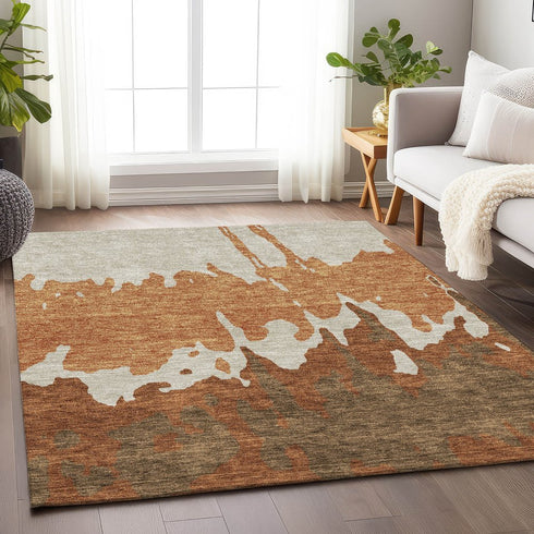 9' X 12' Rust Beige And Brown Abstract Washable Area Rug With UV Protection