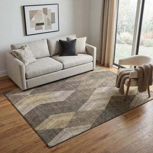 5' X 8' Brown Beige And Gray Geometric Washable Area Rug With UV Protection
