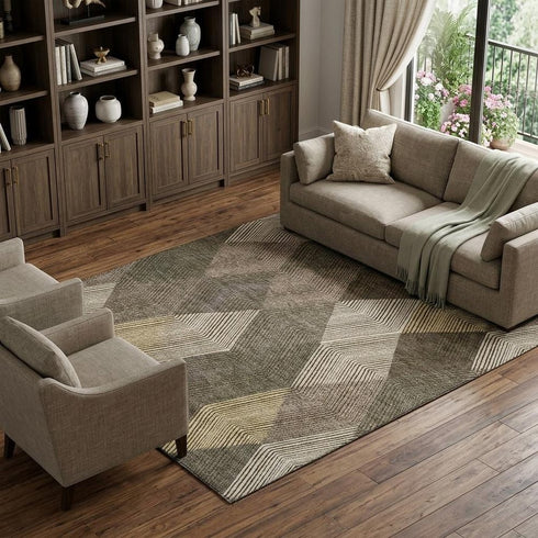 8' X 10' Brown Beige And Gray Geometric Washable Area Rug With UV Protection