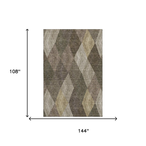 9' X 12' Brown Beige And Gray Geometric Washable Area Rug With UV Protection