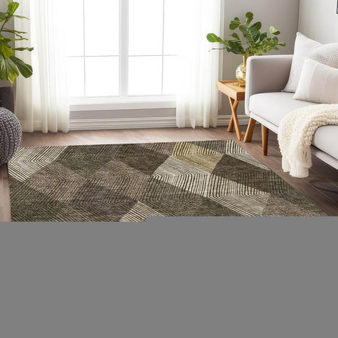 9' X 12' Brown Beige And Gray Geometric Washable Area Rug With UV Protection