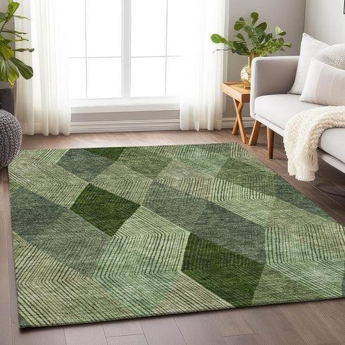 8' X 10' Green Gray And Sage Geometric Washable Area Rug With UV Protection