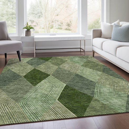8' X 10' Green Gray And Sage Geometric Washable Area Rug With UV Protection