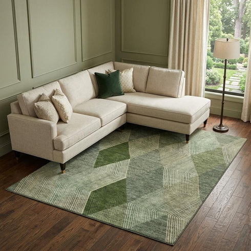 8' X 10' Green Gray And Sage Geometric Washable Area Rug With UV Protection