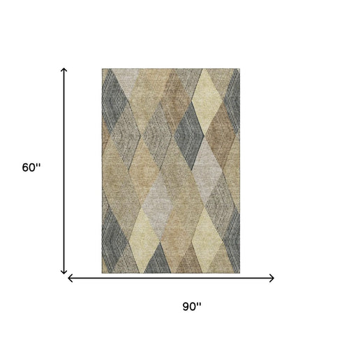 5' X 8' Coffee Gold And Taupe Geometric Washable Area Rug With UV Protection