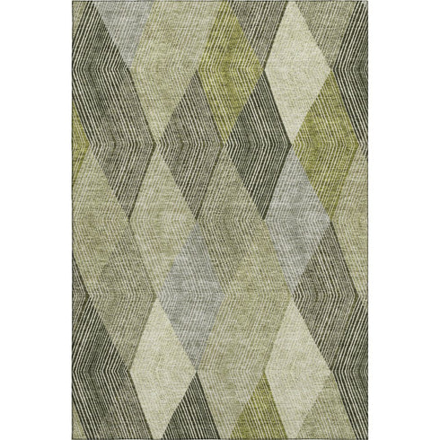 5' X 8' Olive Green Gray And Ivory Geometric Washable Area Rug With UV Protection