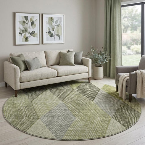 8' Olive Green Gray And Ivory Geometric Washable Round Rug With UV Protection
