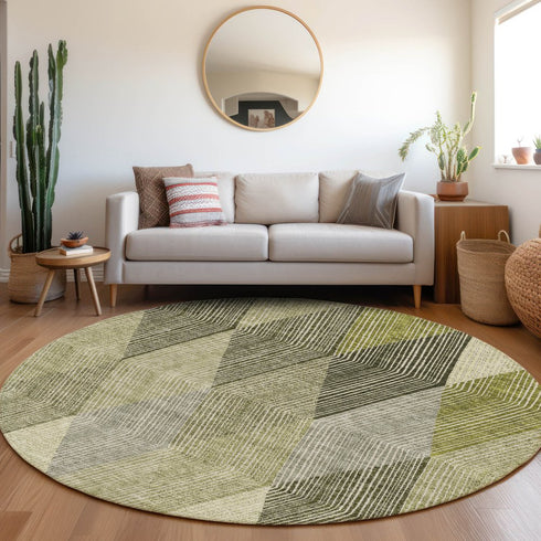 8' Olive Green Gray And Ivory Geometric Washable Round Rug With UV Protection