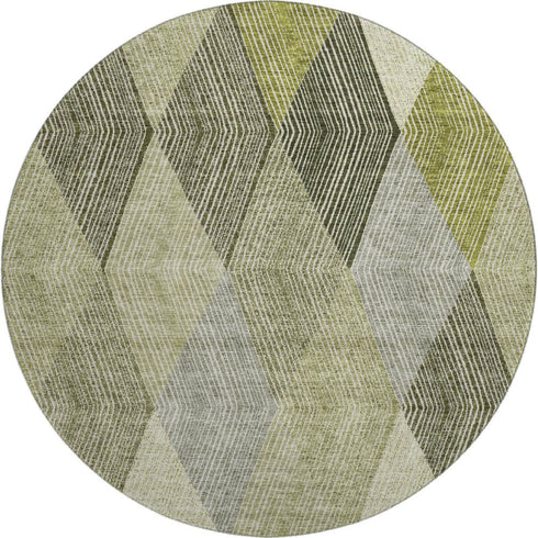 8' Olive Green Gray And Ivory Geometric Washable Round Rug With UV Protection