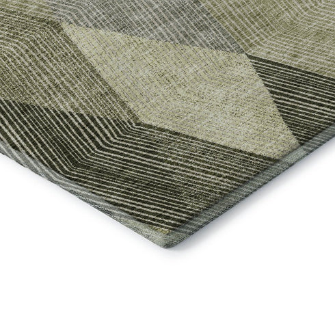 8' Olive Green Gray And Ivory Geometric Washable Round Rug With UV Protection
