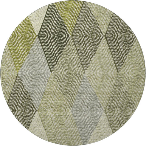 8' Olive Green Gray And Ivory Geometric Washable Round Rug With UV Protection