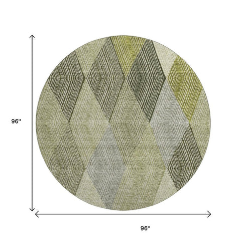 8' Olive Green Gray And Ivory Geometric Washable Round Rug With UV Protection