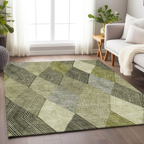 9' X 12' Olive Green Gray And Ivory Geometric Washable Area Rug With UV Protection