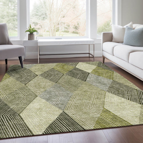 9' X 12' Olive Green Gray And Ivory Geometric Washable Area Rug With UV Protection