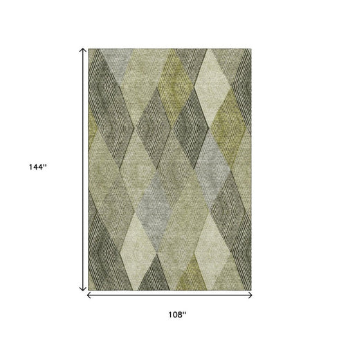 9' X 12' Olive Green Gray And Ivory Geometric Washable Area Rug With UV Protection