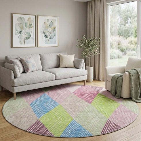 8' Pink Lime Green And Blue Geometric Washable Round Rug With UV Protection