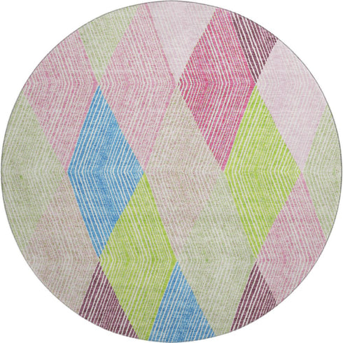 8' Pink Lime Green And Blue Geometric Washable Round Rug With UV Protection