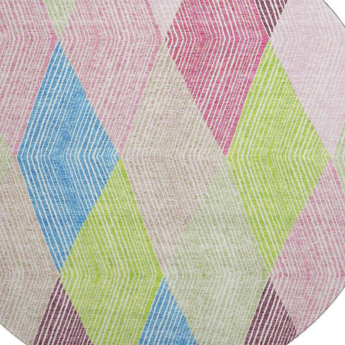 8' Pink Lime Green And Blue Geometric Washable Round Rug With UV Protection