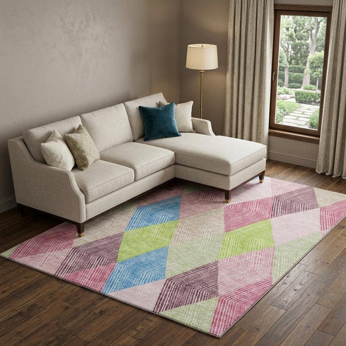 8' X 10' Pink Lime Green And Blue Geometric Washable Area Rug With UV Protection