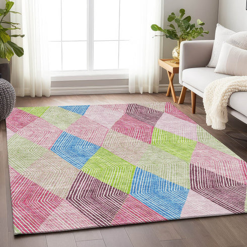 8' X 10' Pink Lime Green And Blue Geometric Washable Area Rug With UV Protection
