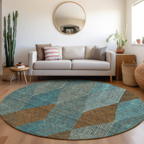 8' Teal And Brown Geometric Washable Round Rug With UV Protection