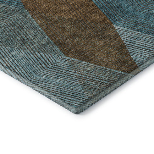 8' Teal And Brown Geometric Washable Round Rug With UV Protection