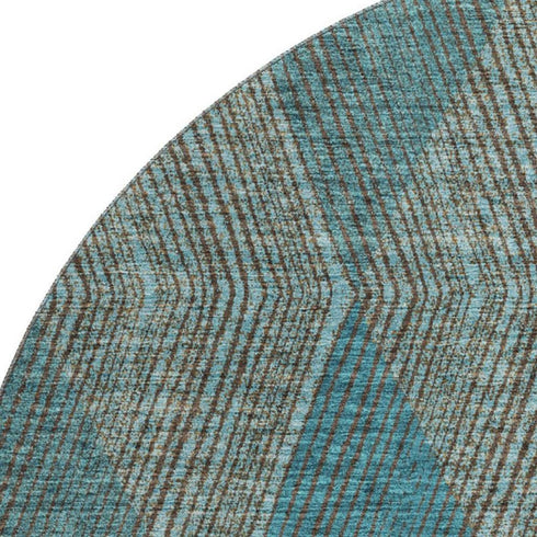 8' Teal And Brown Geometric Washable Round Rug With UV Protection